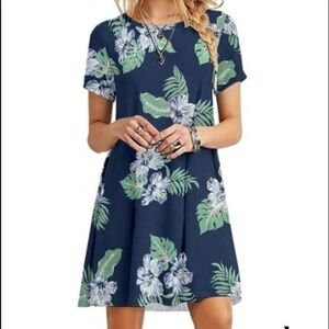 Reborn J Short Navy Floral Womens Short Sleeve Crew Neck Swing Dress Size Small